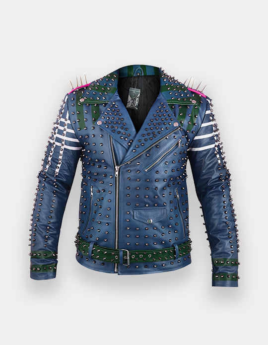 Men's Blue & White Studded Leather Jacket with Patches